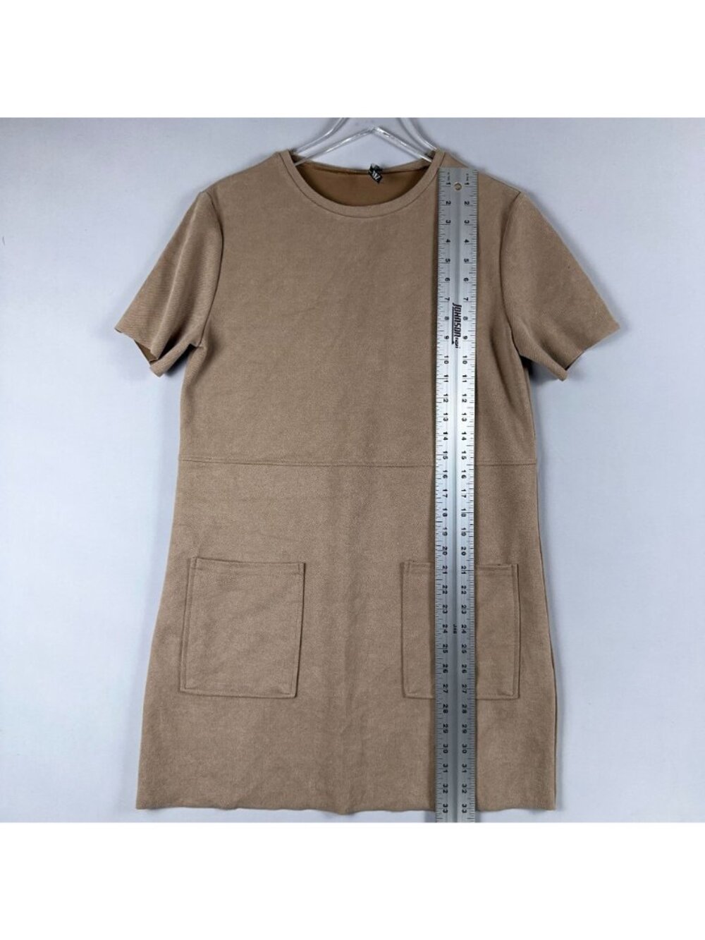 Zara Shift Dress Size Medium Tan Faux Suede Short-Sleeve Front Pockets - Picture 6 of 10